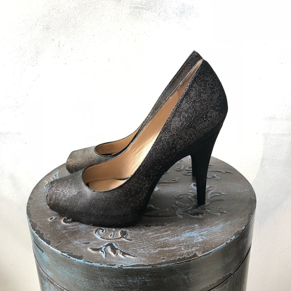 Joan & David Holiday Black Gold Metallic Peep Toe Pumps